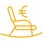 Eindimensionales Icon eines orangen Liegestuhl mit einem Euro-Zeichen da drüber als Symbol der Altersvorsorge mit transparenten Hintergrunds